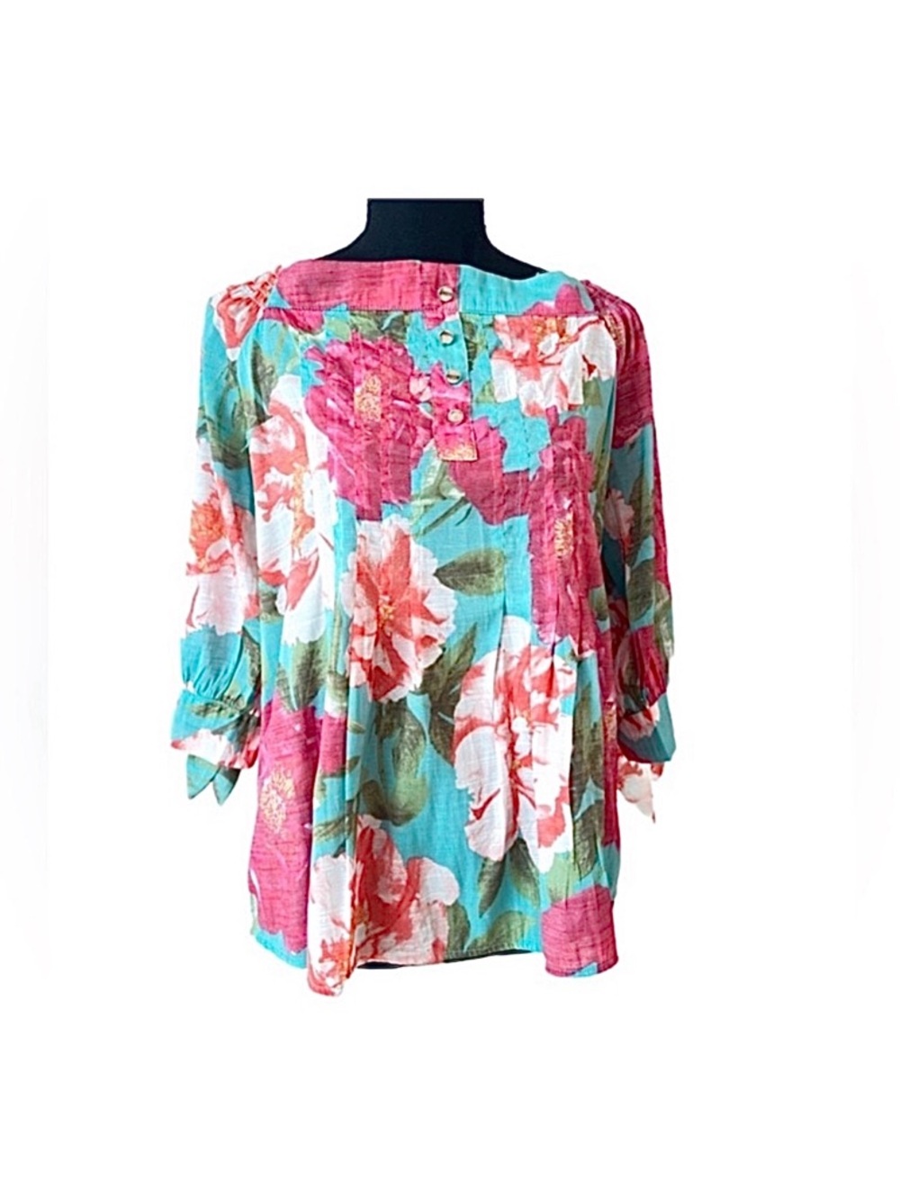 JUNIPER + LIME ~ Lightweight 3/4 Sleeve Floral Top in Pink and Blue Hues